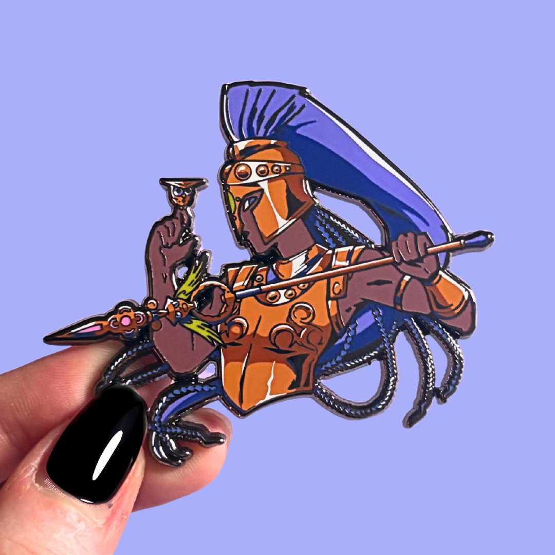 Colorful spartan warrior figurine held by a hand against a purple background