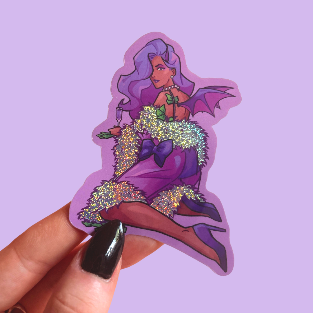 Sticker of a fantasy character with purple hair and outfit on a purple background
