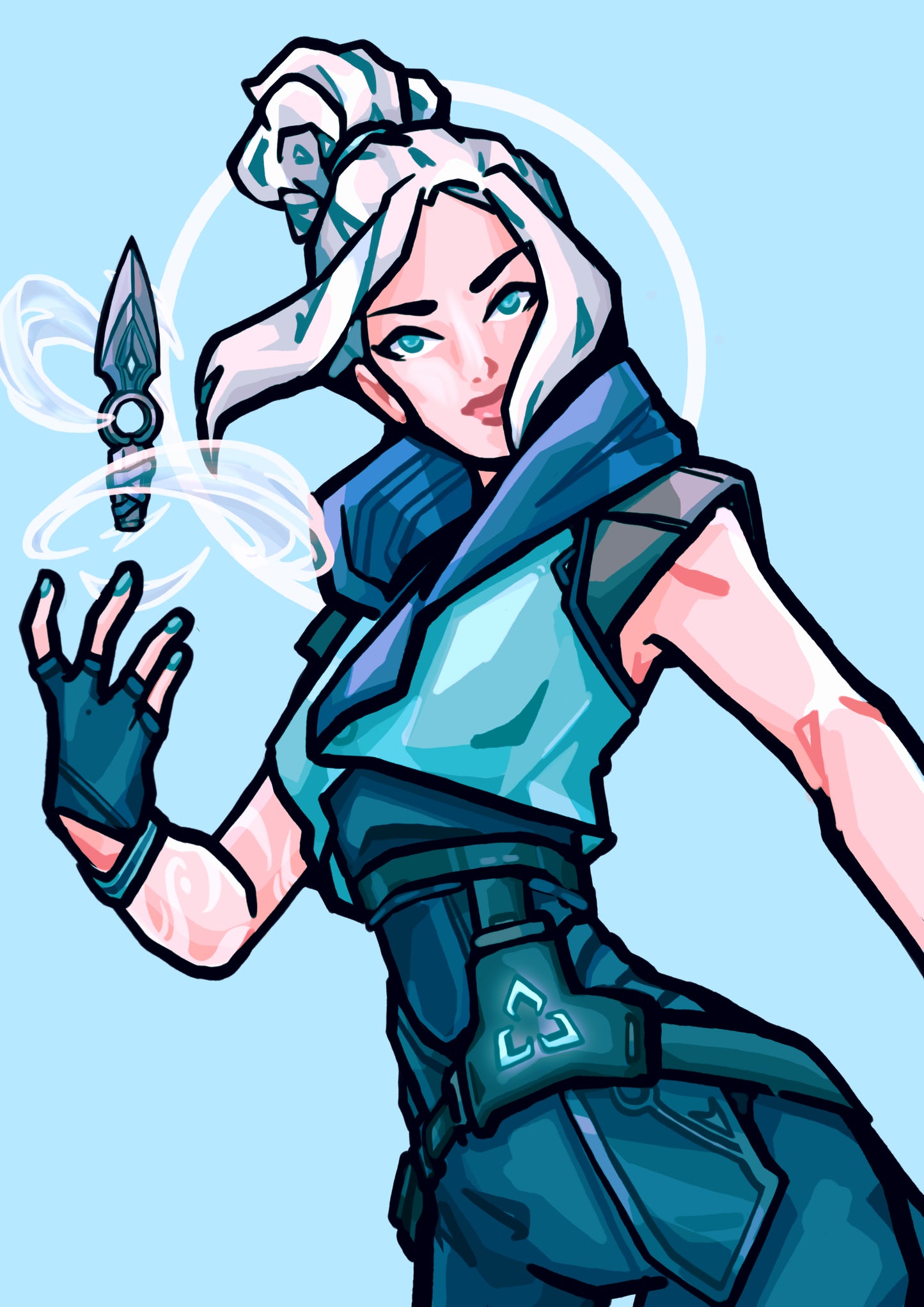 Animated character in a fantasy outfit holding a weapon against a light blue background