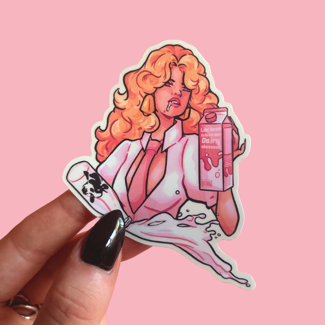 Sticker of a character holding a milk carton and a bottle with a pink background