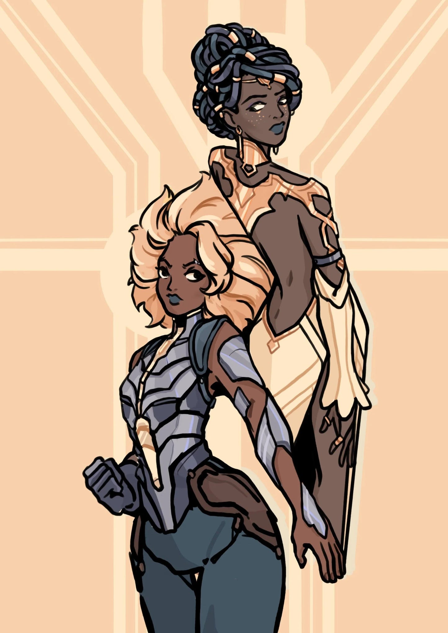 Two animated characters in futuristic outfits against a beige background