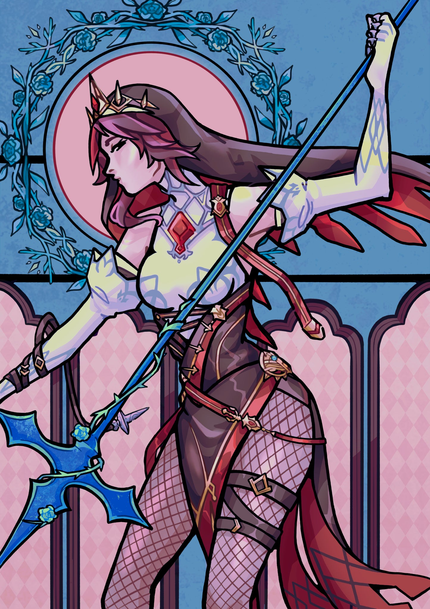 Artistic illustration of a warrior woman with a bow and blue arrow, set against a decorative background.