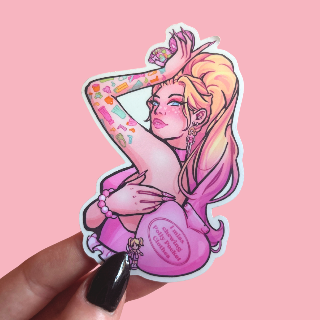 Sticker of a stylized character with pink and yellow hair held against a pink background