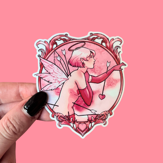Sticker of a angel with pink hair and wings held against a pink background