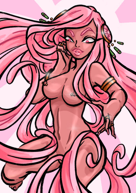 Cartoon character with long pink hair on a pink background