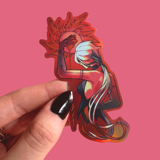 Fantasy Character sticker on red background held by hand