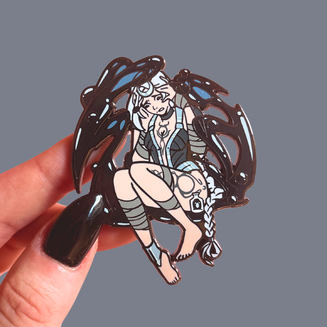 Pin with an anime-style character on a dark background