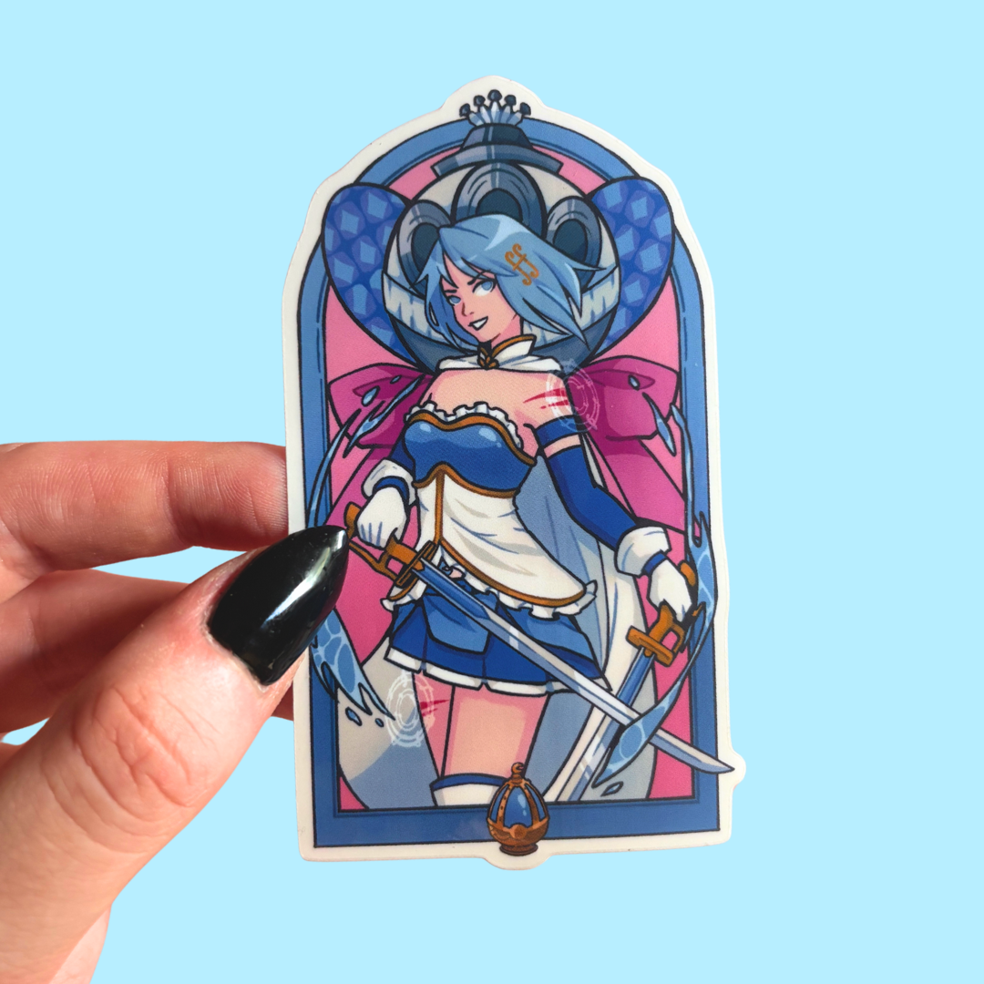 Anime-style character sticker held by a hand against a light blue background