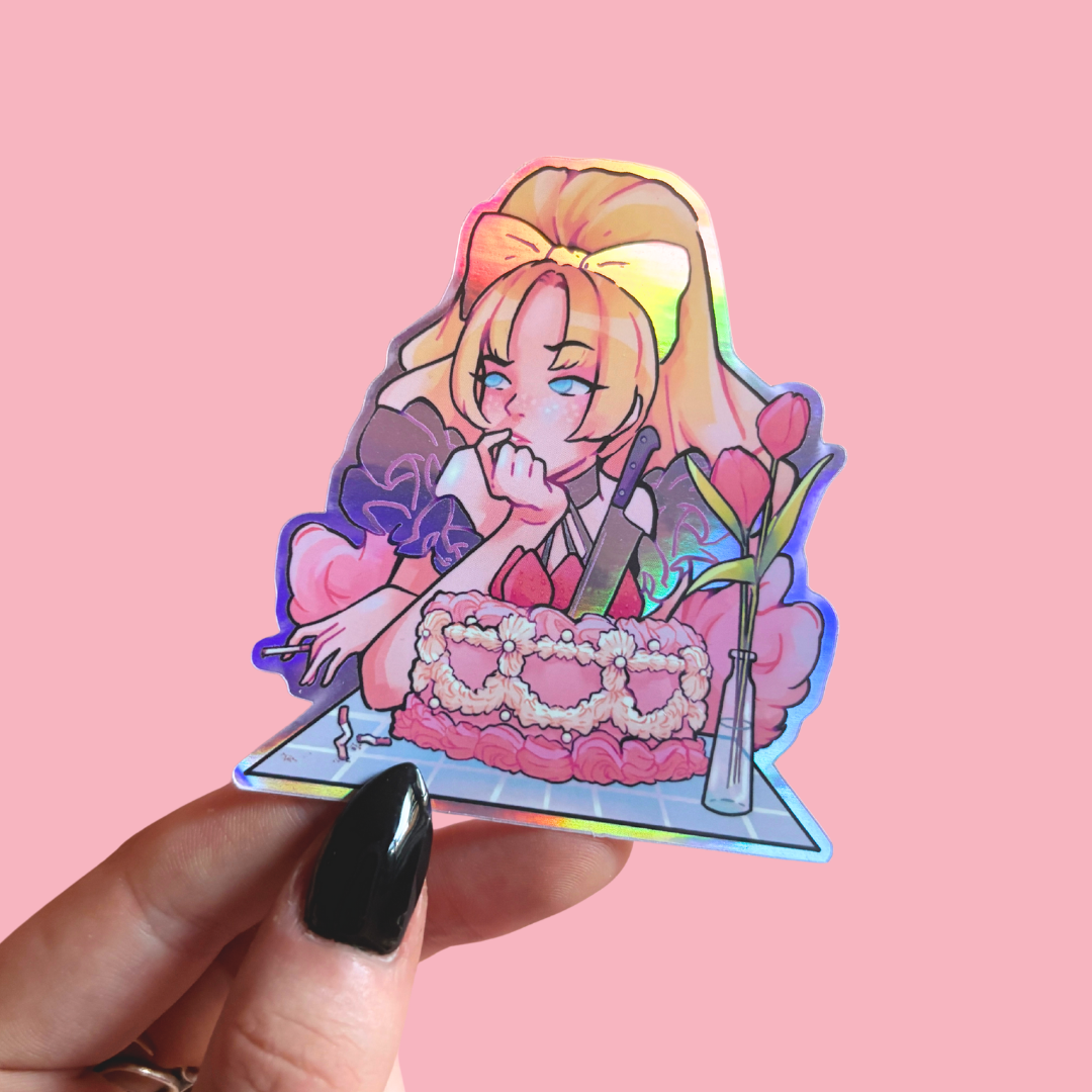 Holographic sticker of an anime character with a cake on a pink background