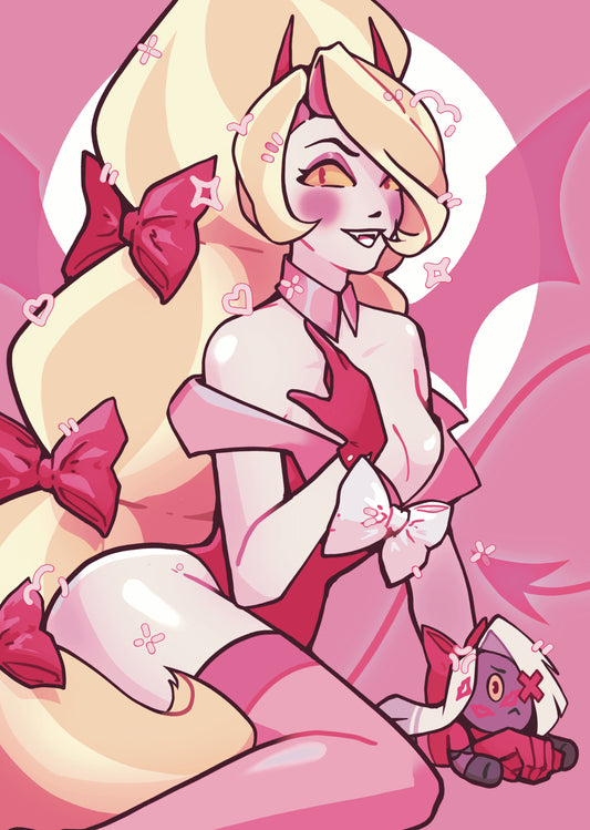 Anime character with pink bows and a small creature on a pink background