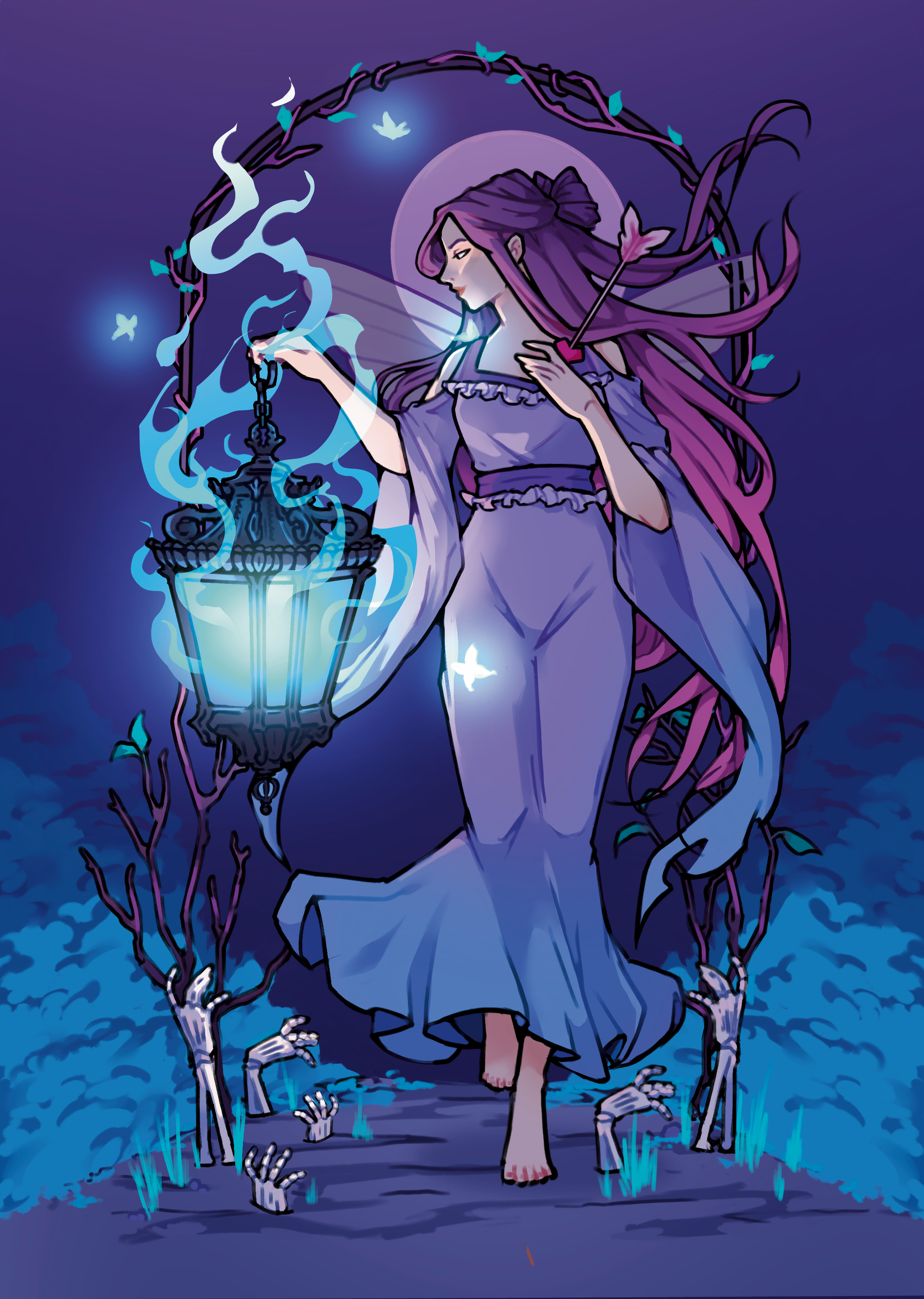 Fantasy illustration of a woman with long hair holding a glowing lantern against a dark background.