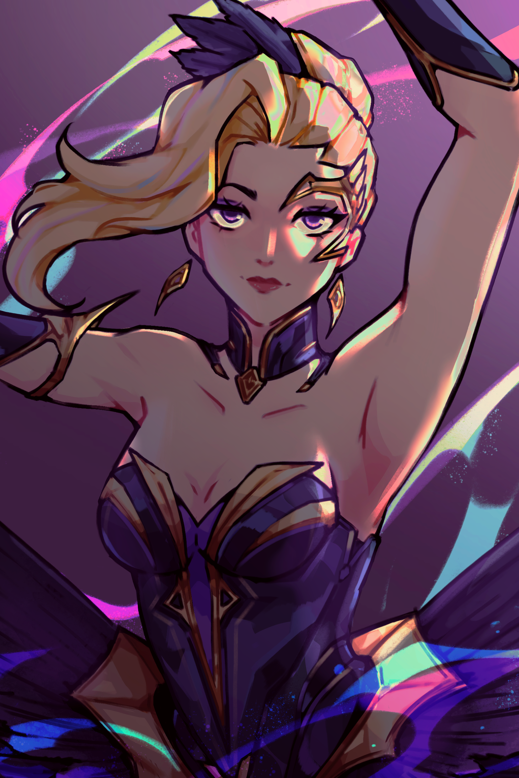 Ballet character with feather tutu against a vibrant purple and pink background