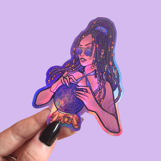 Sticker of a person with braided hair holding a crystal ball against a purple background