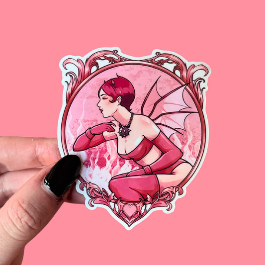 Sticker of a devil girl with pink hair and outfit held against a pink background