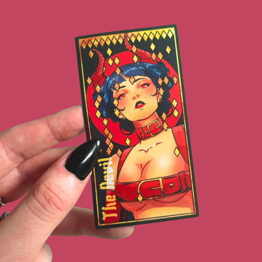Sticker featuring a stylized illustration of a character with blue hair and red accents, held against a pink background.