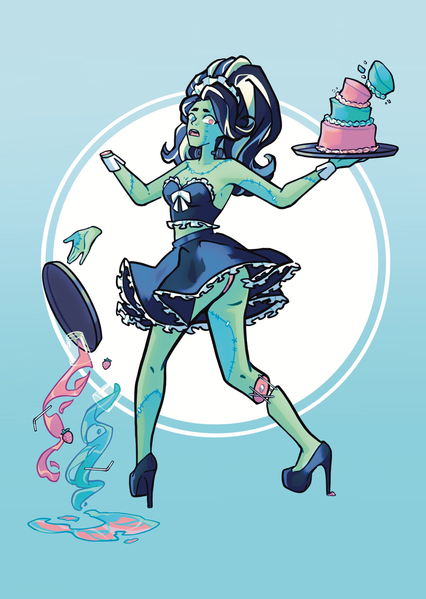 Cartoon character with green skin holding a cake and a mirror on a light blue background