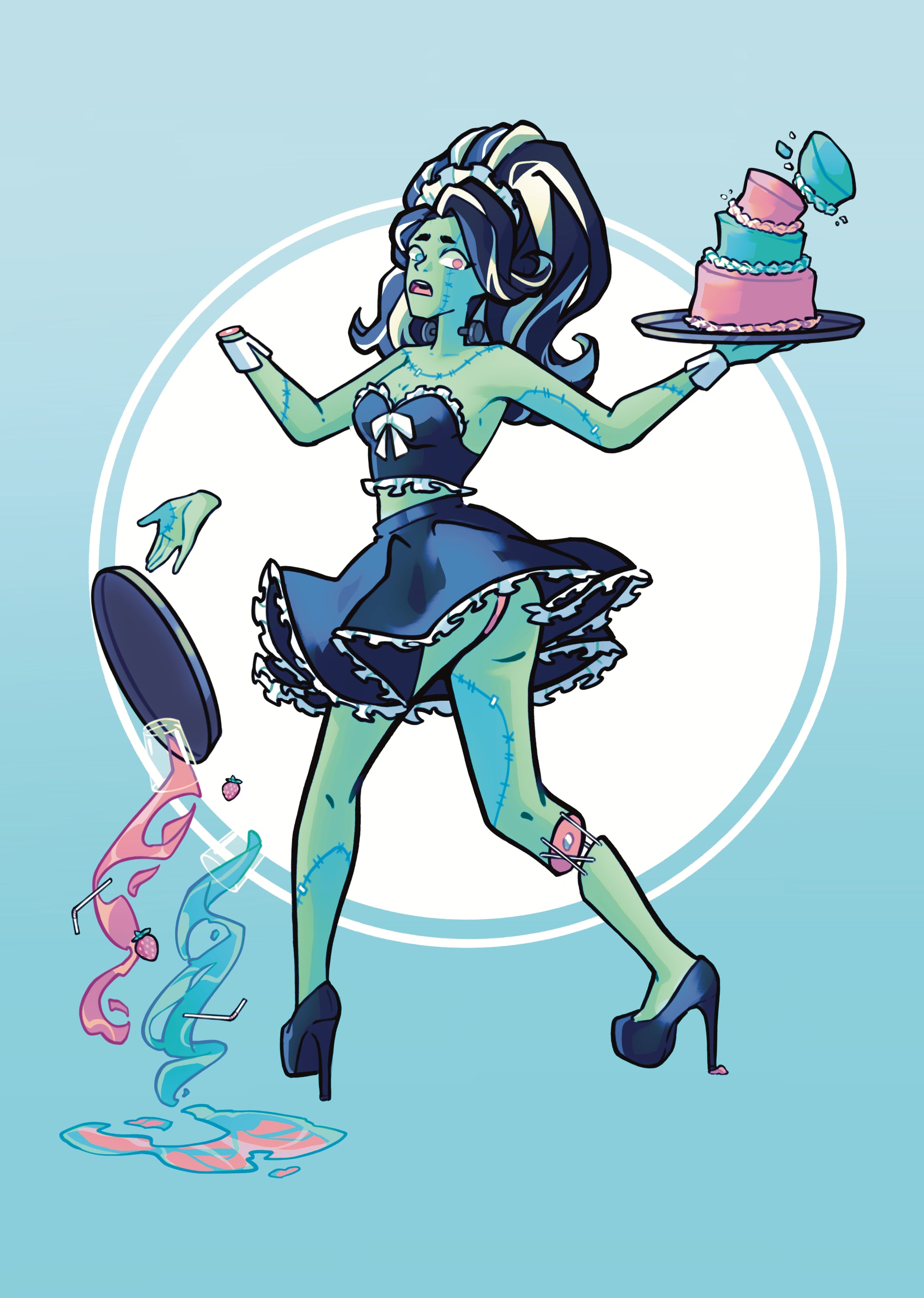 Cartoon character with green skin holding a cake and a mirror on a light blue background