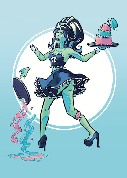 Cartoon character with green skin holding a cake and a mirror on a light blue background