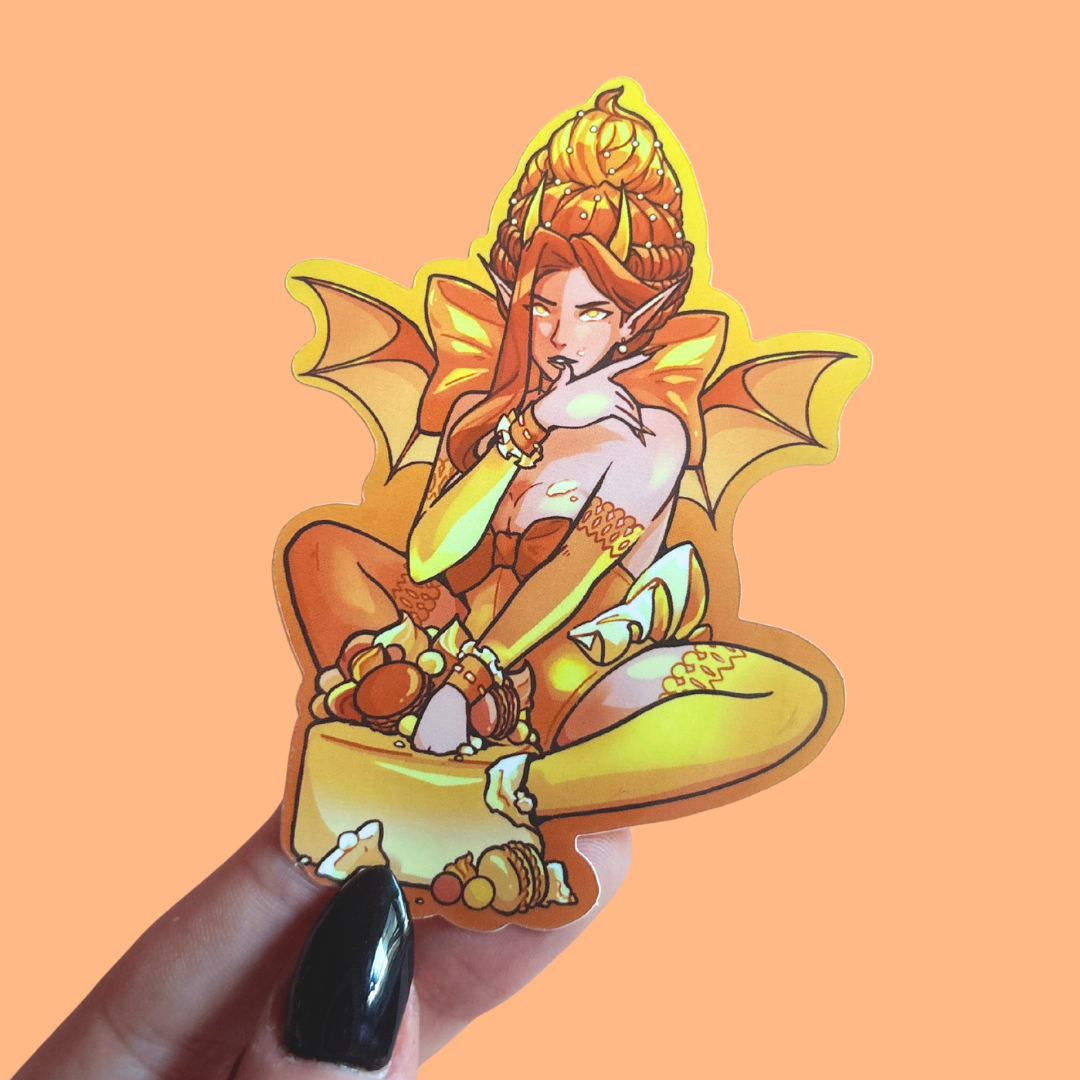 Sticker of a fantasy character with demon wings on an orange background