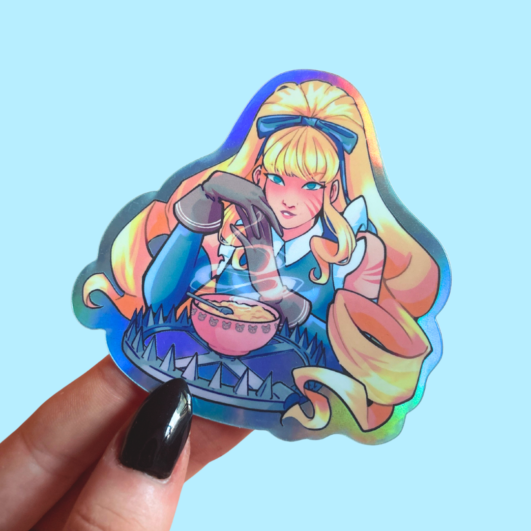 Holographic sticker of a character with long blonde hair and a blue bow, holding a teacup against a light blue background.