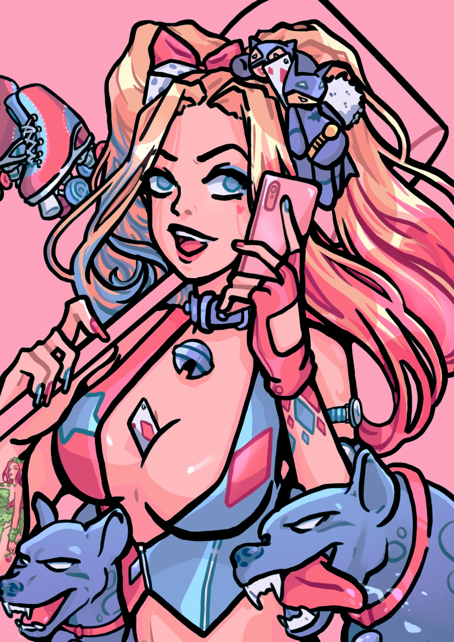 Cartoon character with pink hair and blue accents holding a phone on a pink background