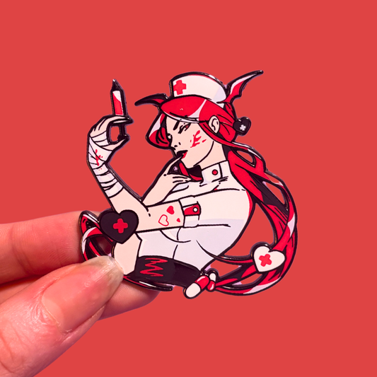 Anime-style character in a nurse outfit with red hair and a red cross on a red background