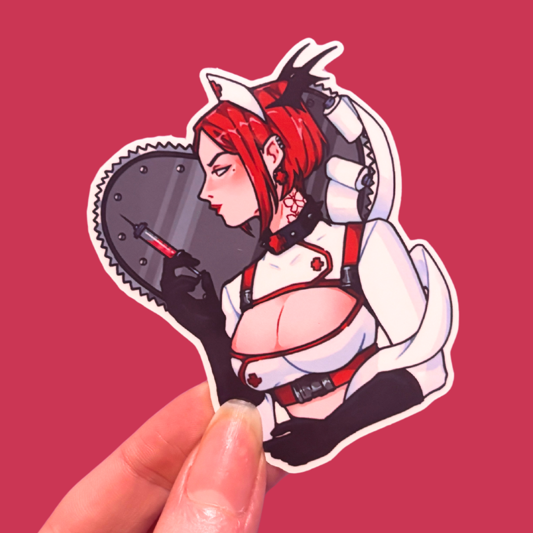 Sticker of an anime-style character with red hair and mechanical elements on a pink background