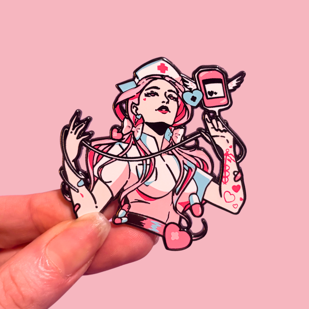 Pin of a stylized nurse character with a pink background