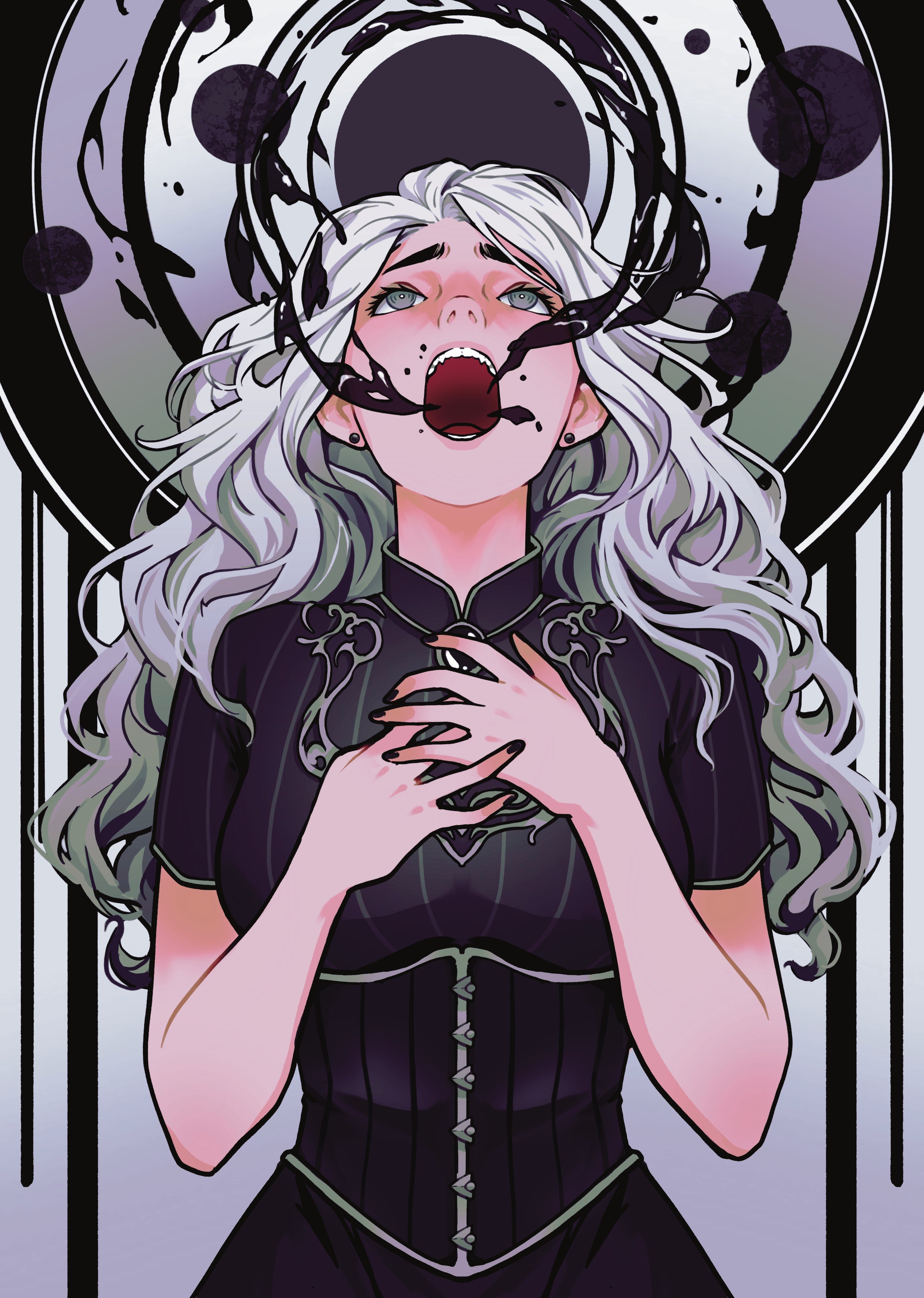 Artistic illustration of a character with long white hair and dark clothing against a stylized background.