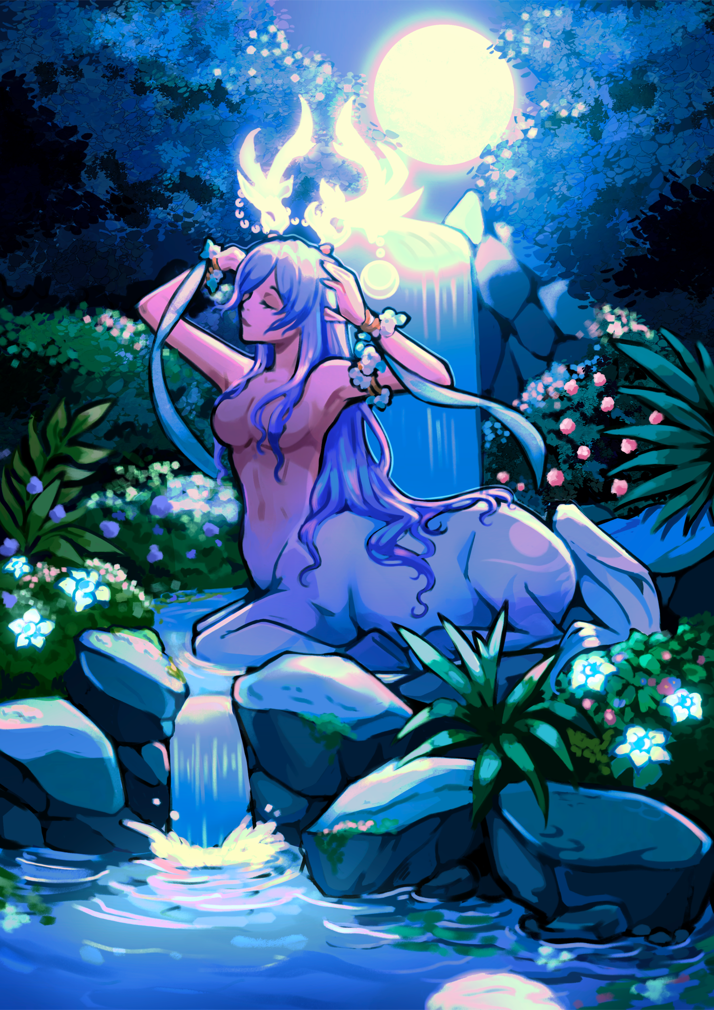 Fantasy scene with a half-human half deer character in a garden setting with a water fall