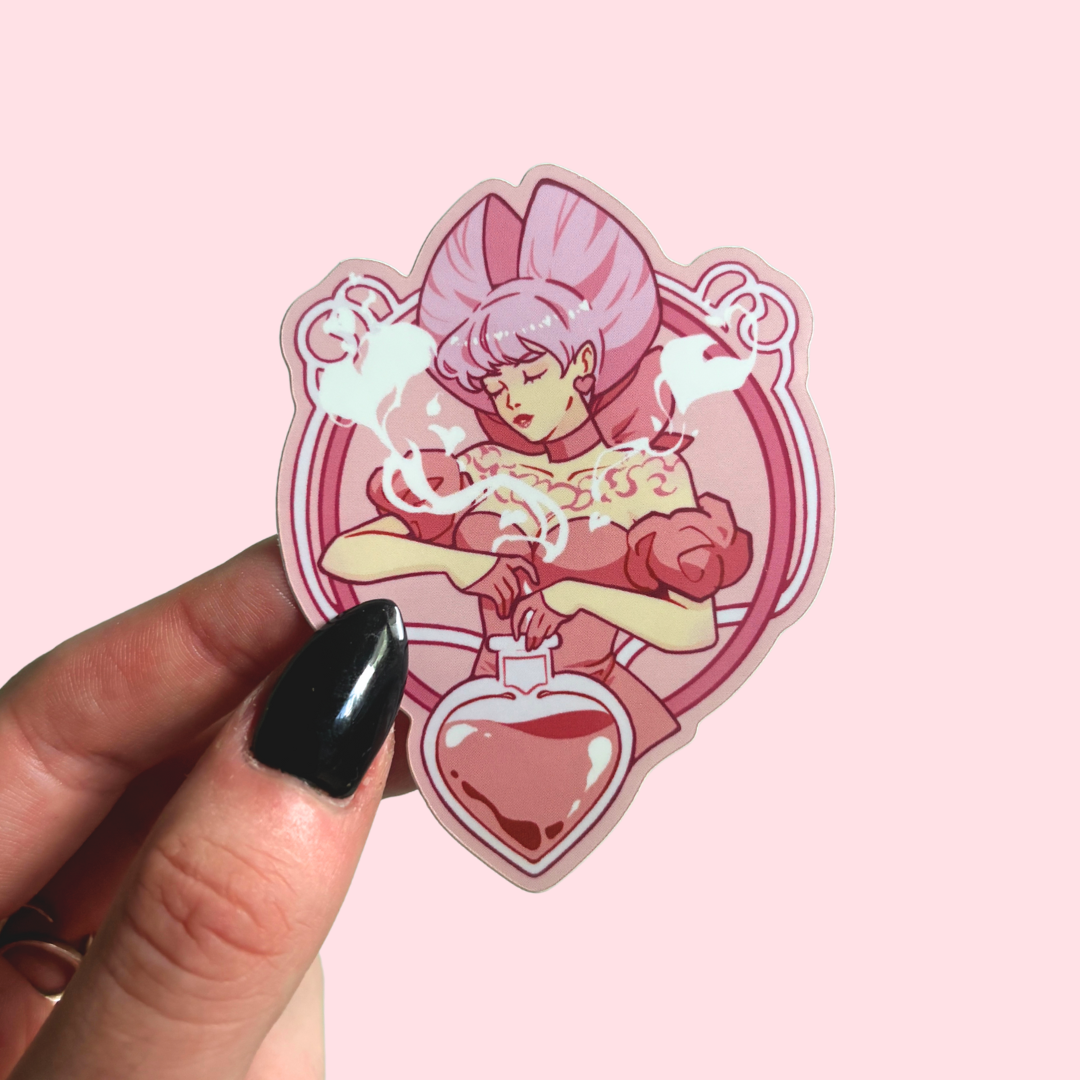Sticker of an animated character with pink hair and a heart-shaped potion, held by a hand on a pink background.
