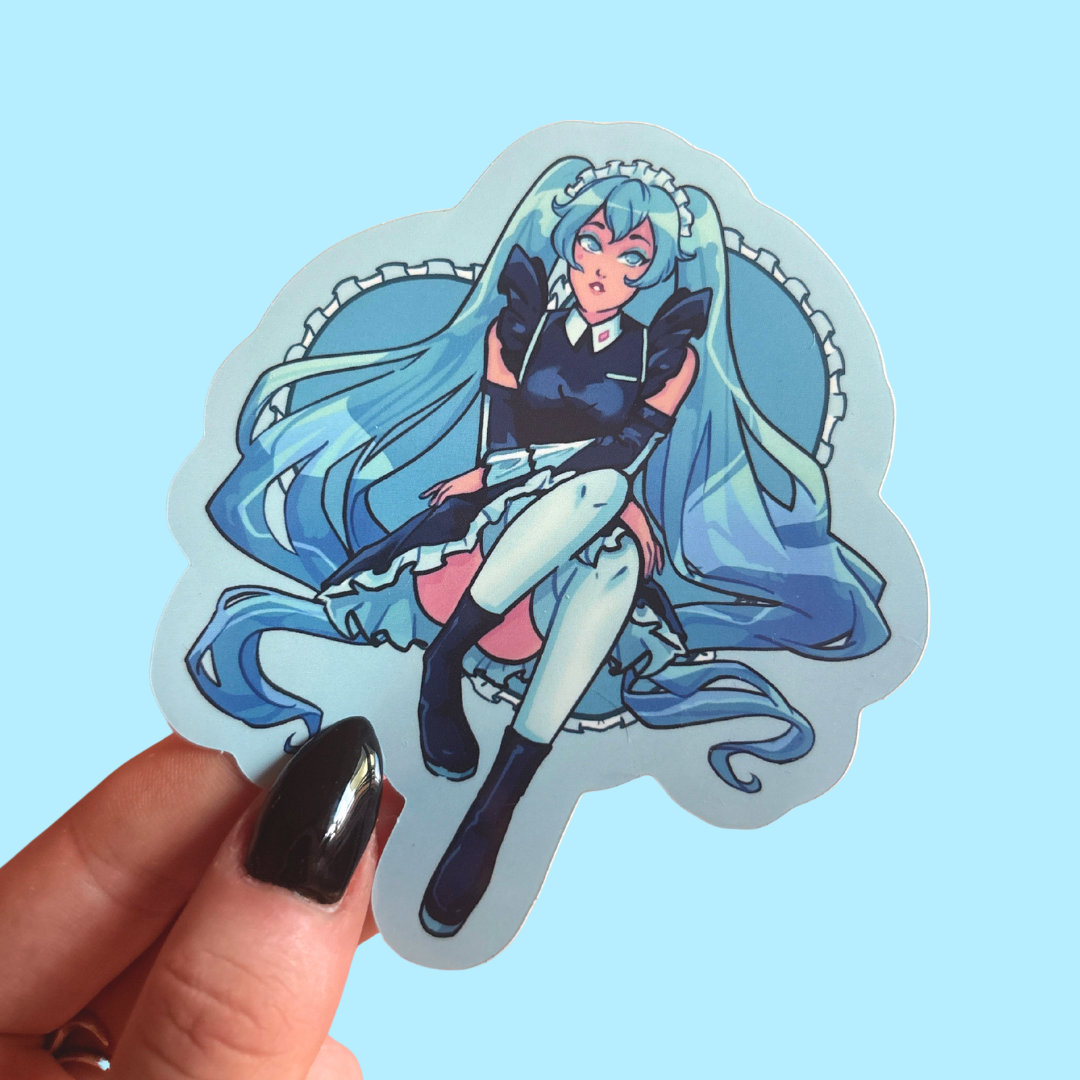 Sticker of a character with blue hair and outfit held by a hand against a light blue background