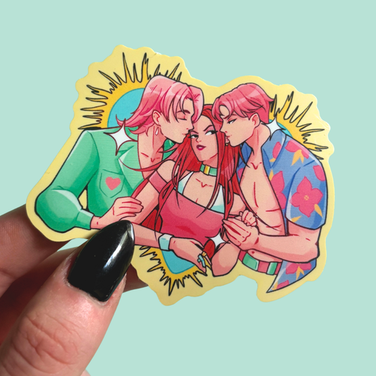 Sticker of three people embracing with a hand holding it against a light blue background