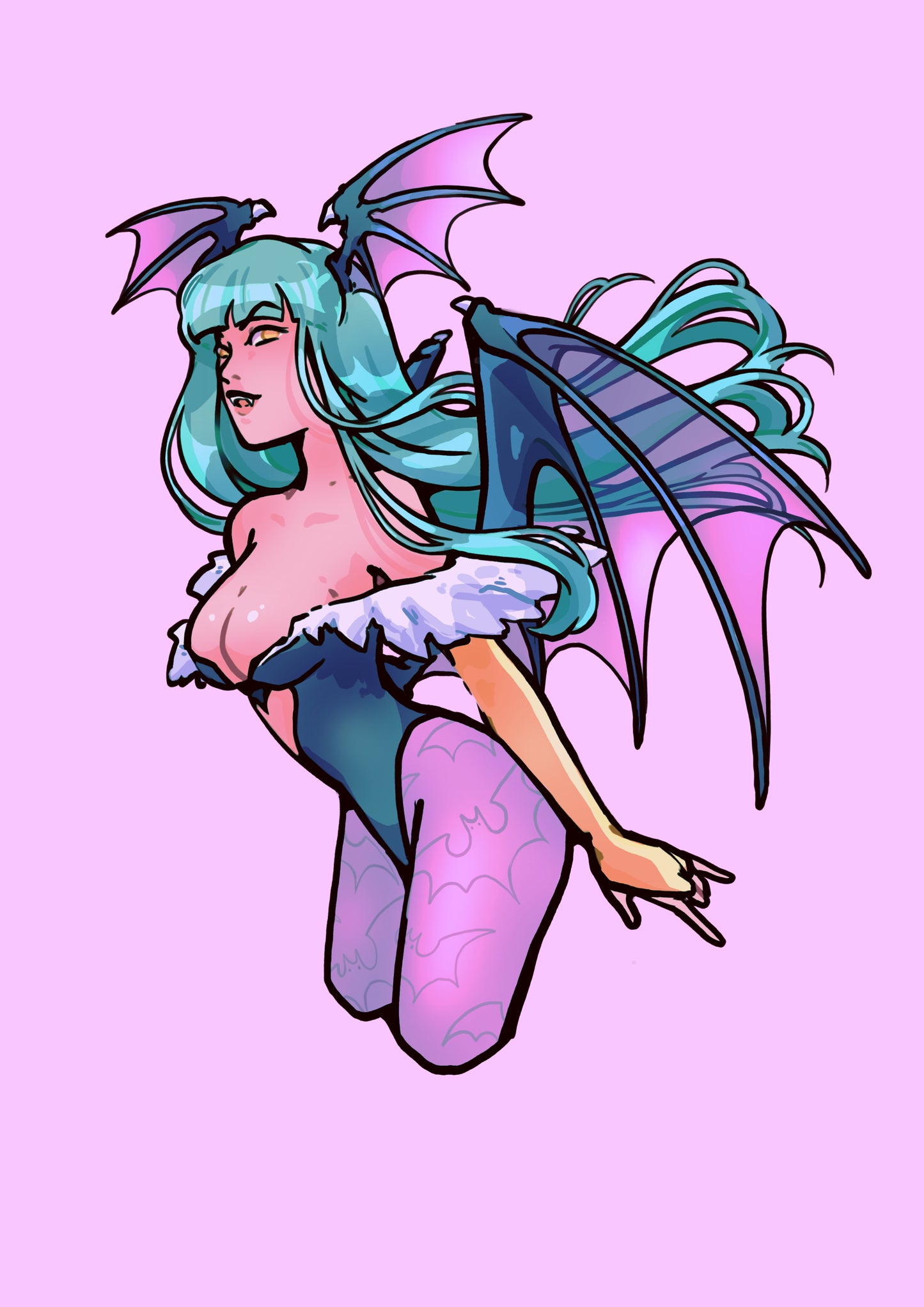 Animated character with blue hair and wings on a pink background