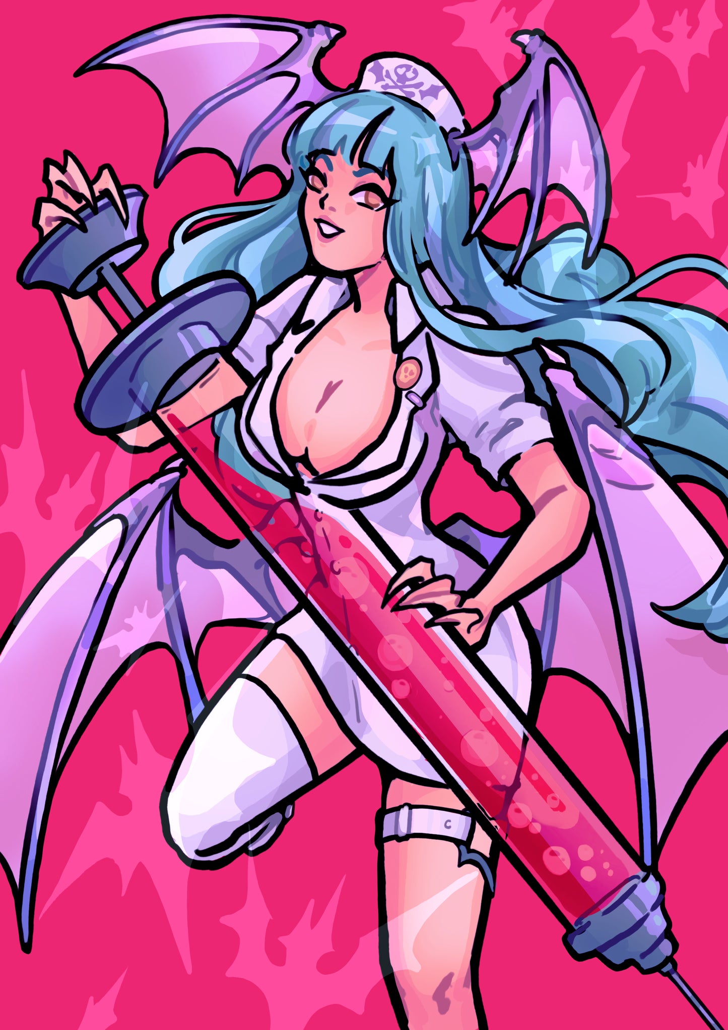 Animated character with blue hair and dragon wings holding a pink weapon on a pink background