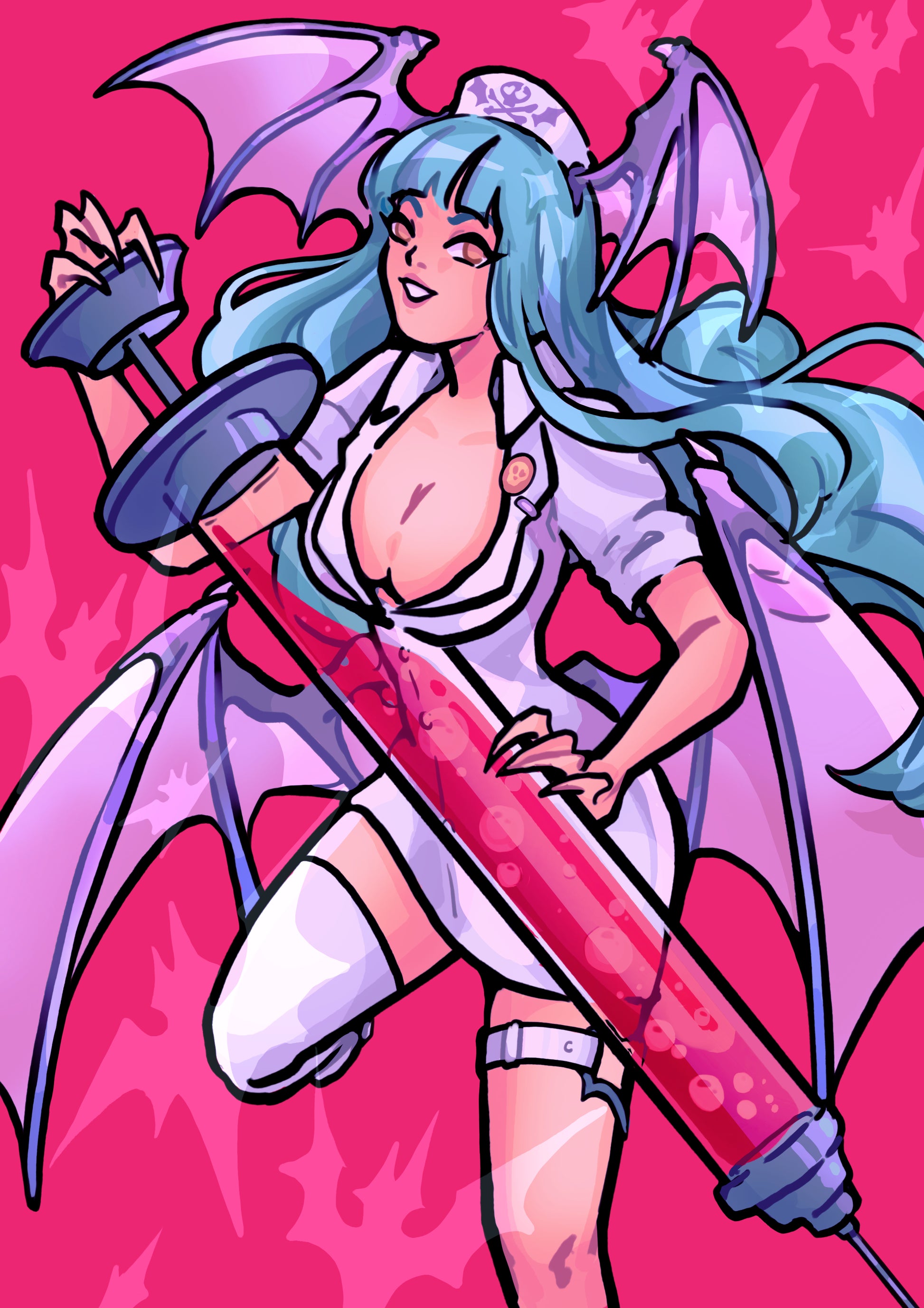 Animated character with blue hair and dragon wings holding a pink weapon on a pink background