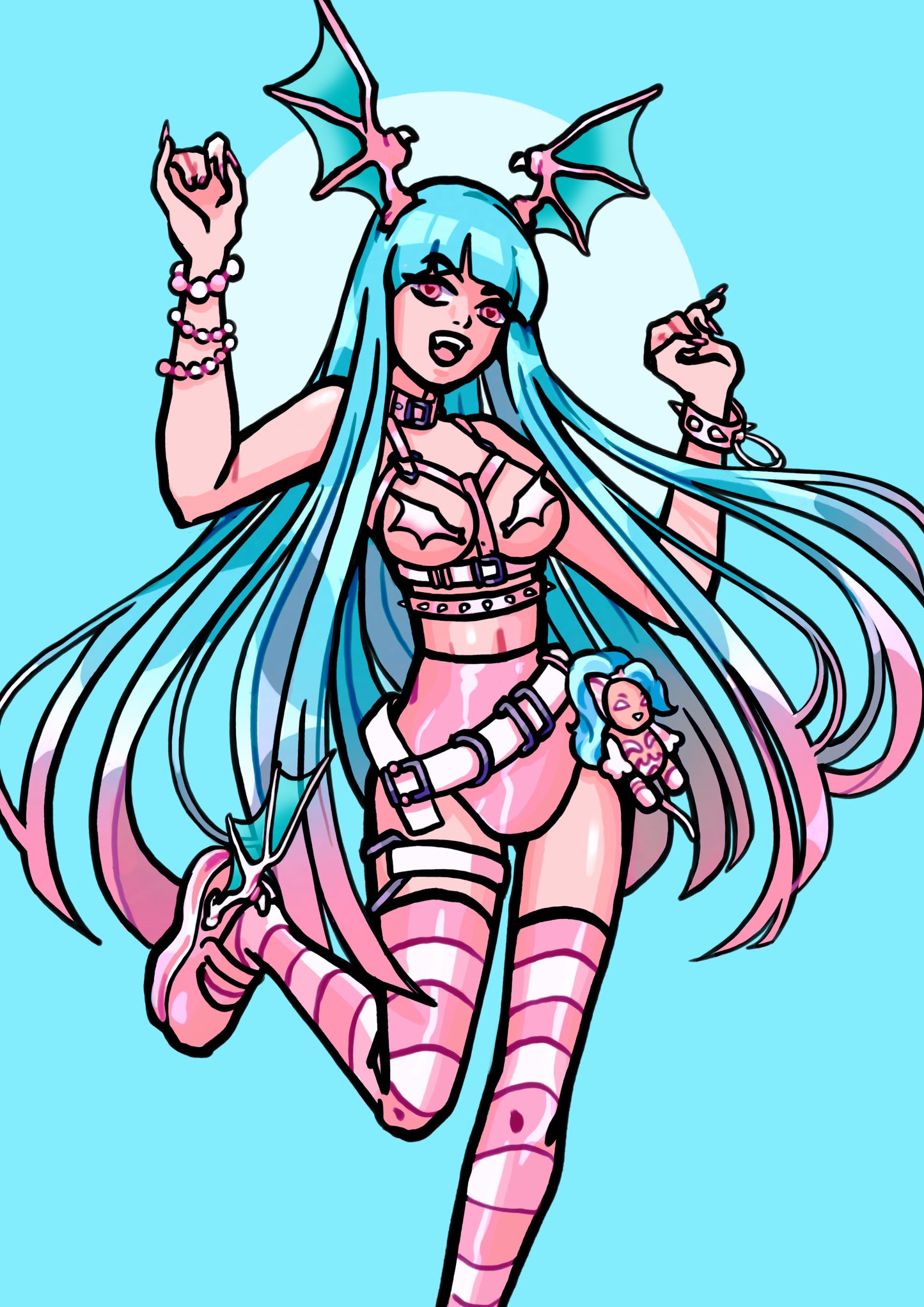 Anime character with teal and pink hair and outfit on a light blue background