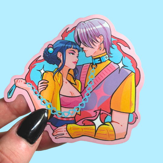 Sticker of two animated characters embracing with a blue background