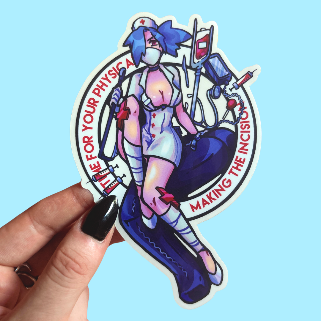 Sticker of a stylized nurse character with text held by a hand against a light blue background
