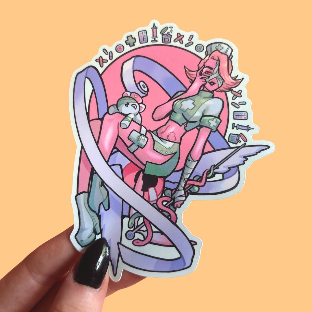 Sticker of a colorful nurse character held by a hand on an orange background