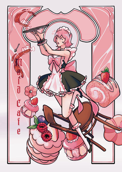 Illustration of a character in a maid dress with cake-themed elements and 'Maid Cafe' text.