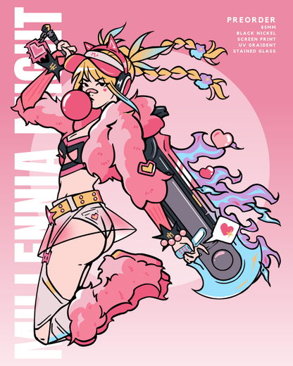 Illustration of a character with a large weapon on a pink background