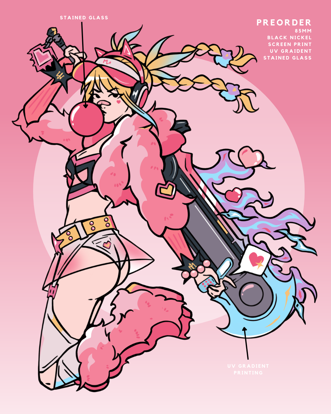 Illustration of a character with a large weapon on a pink background