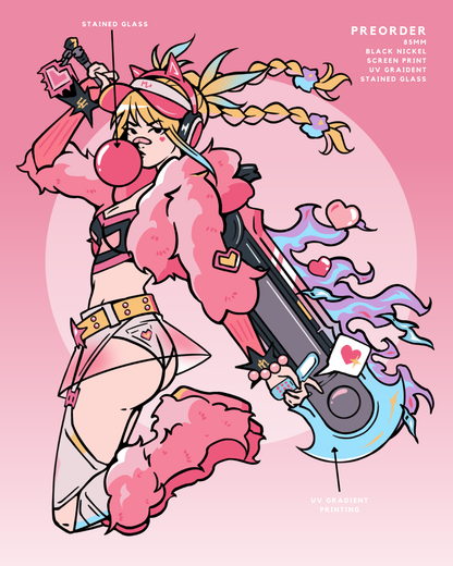 Illustration of a character with a large weapon on a pink background
