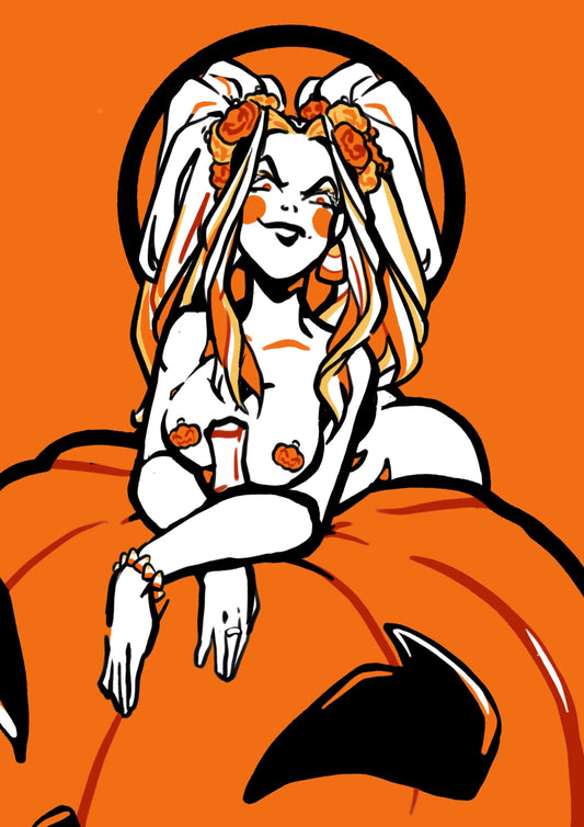 Illustration of a woman with orange hair and flowers, sitting on a pumpkin against an orange background.