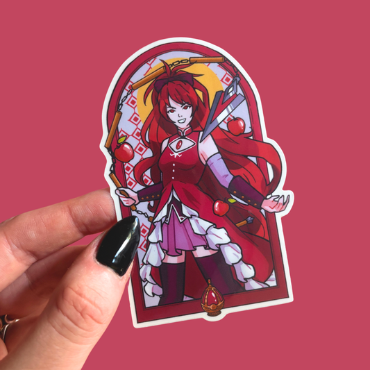 Sticker of an animated character in red and white attire held against a pink background