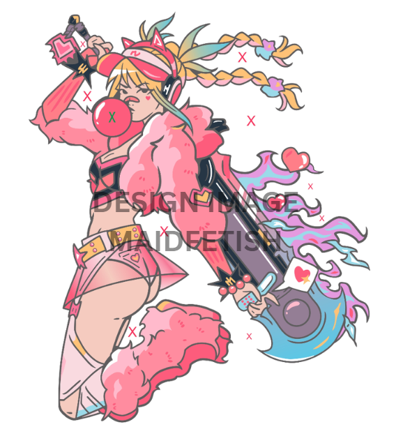 Colorful anime-style character with a large weapon on a white background