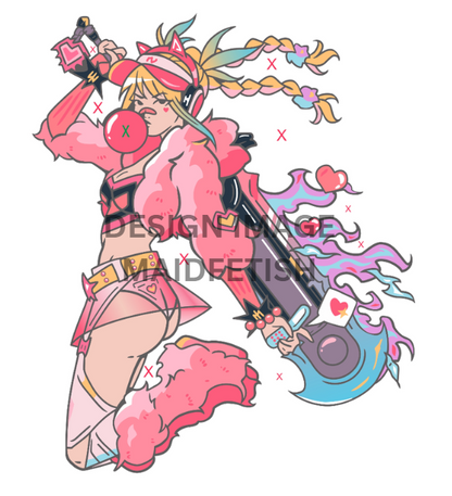 Colorful anime-style character with a large weapon on a white background