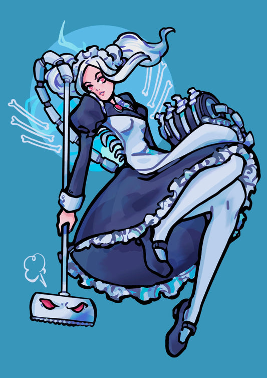 Animated character in a maid outfit with robot parts against a blue background