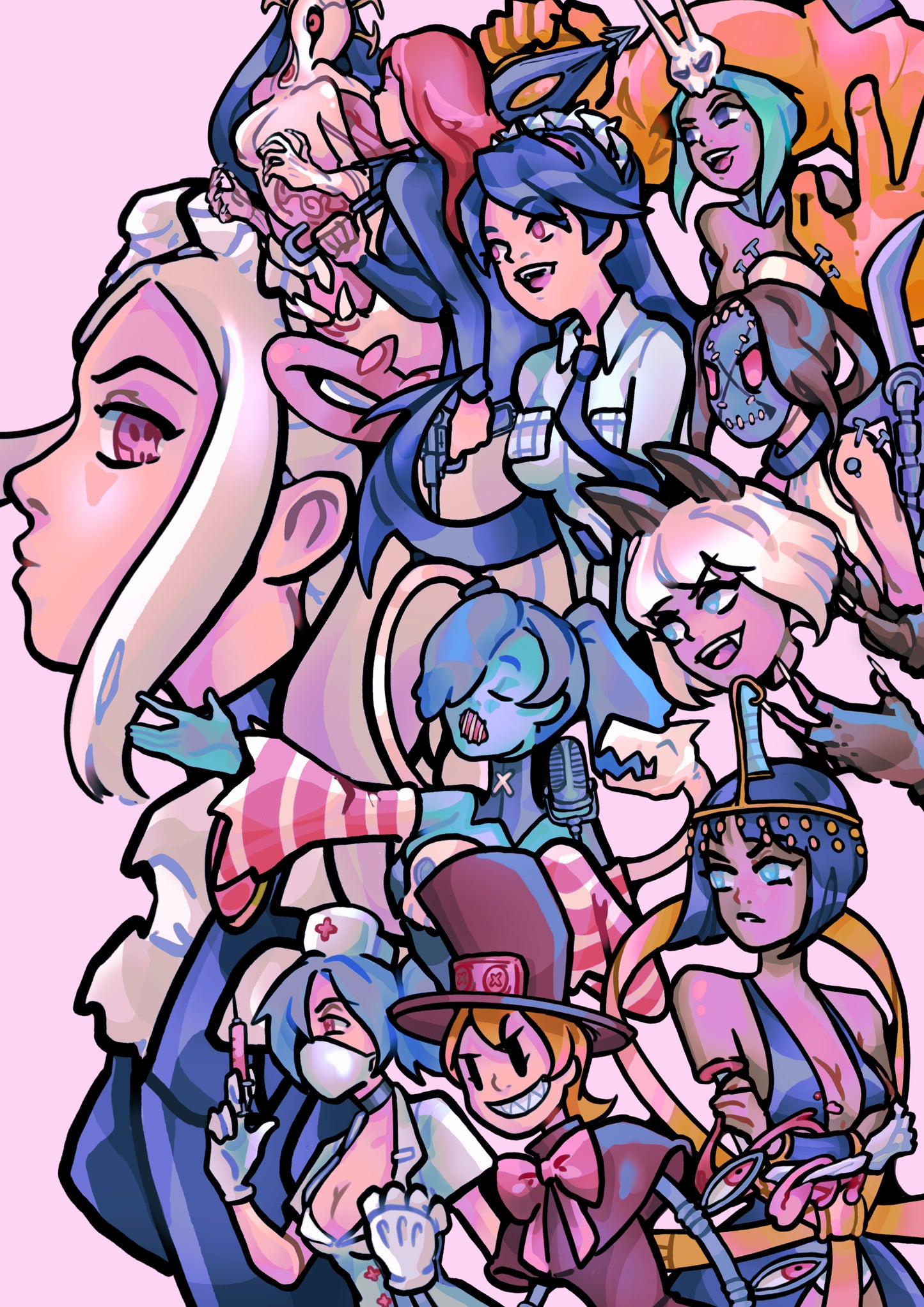 Illustration of various anime characters with colorful designs on a pink background
